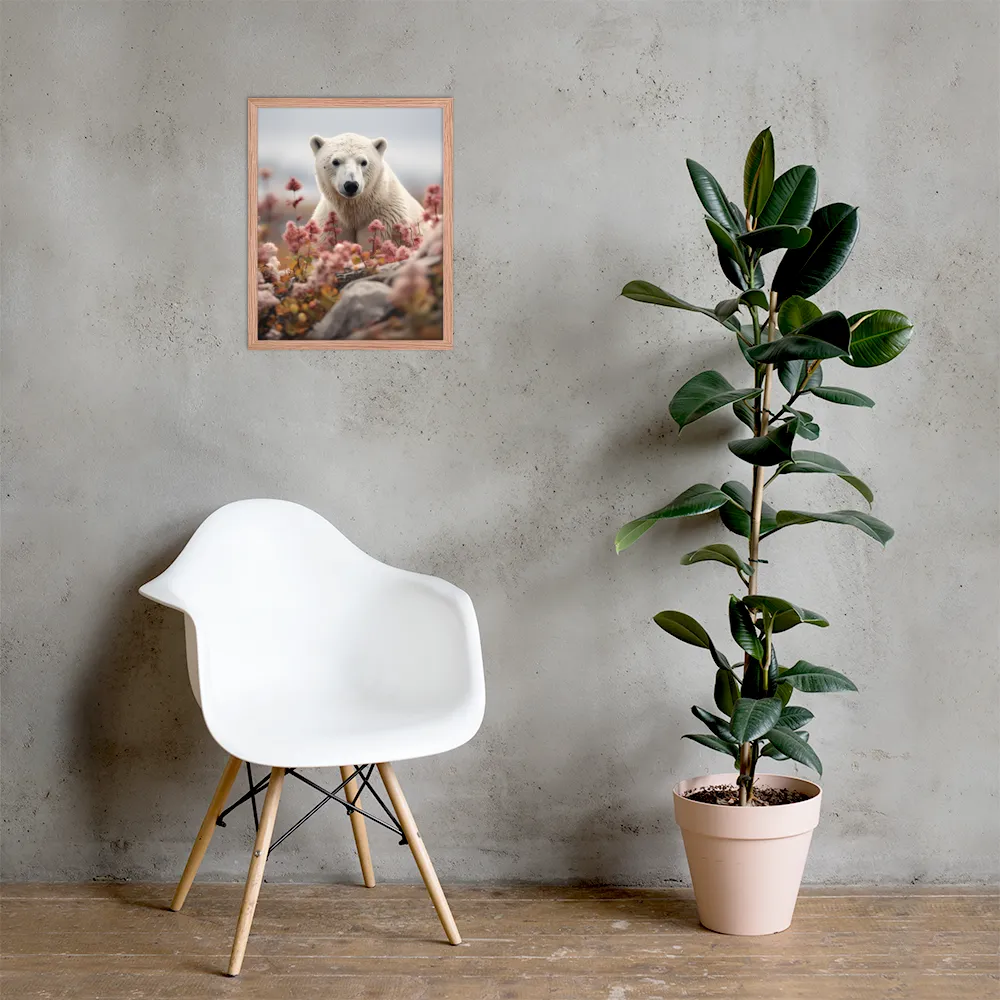 Curiosity Among Blooms: The Polar Bear | Poster with Red oak Frame | 16″×20″