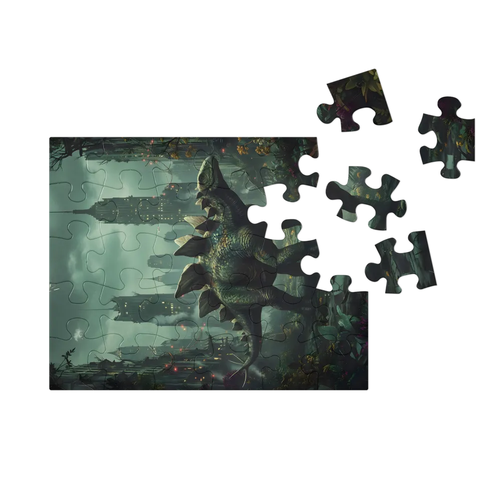 Stegosaurus in Overgrown City 
 Jigsaw Puzzle in Tin Box