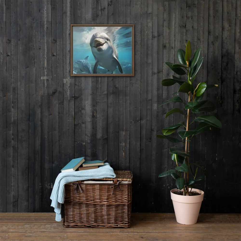 Beneath the Waves: A Dolphin's Dance | Canvas with Brown Frame | 16″×20″