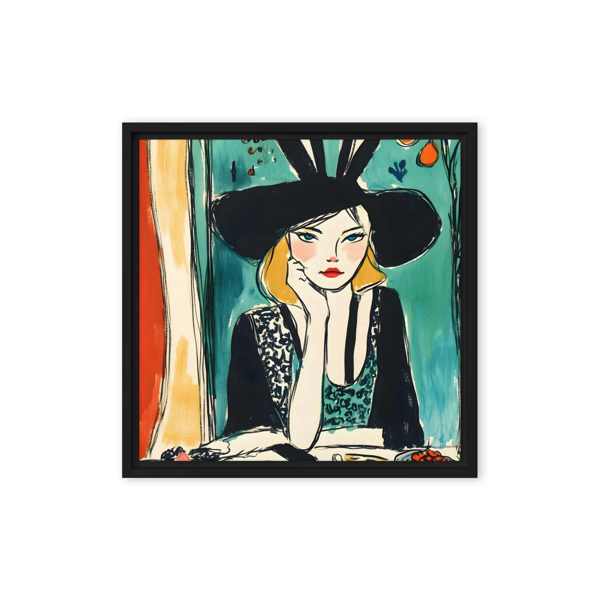 Woman with Bunny Hat 
 Canvas with Black Frame