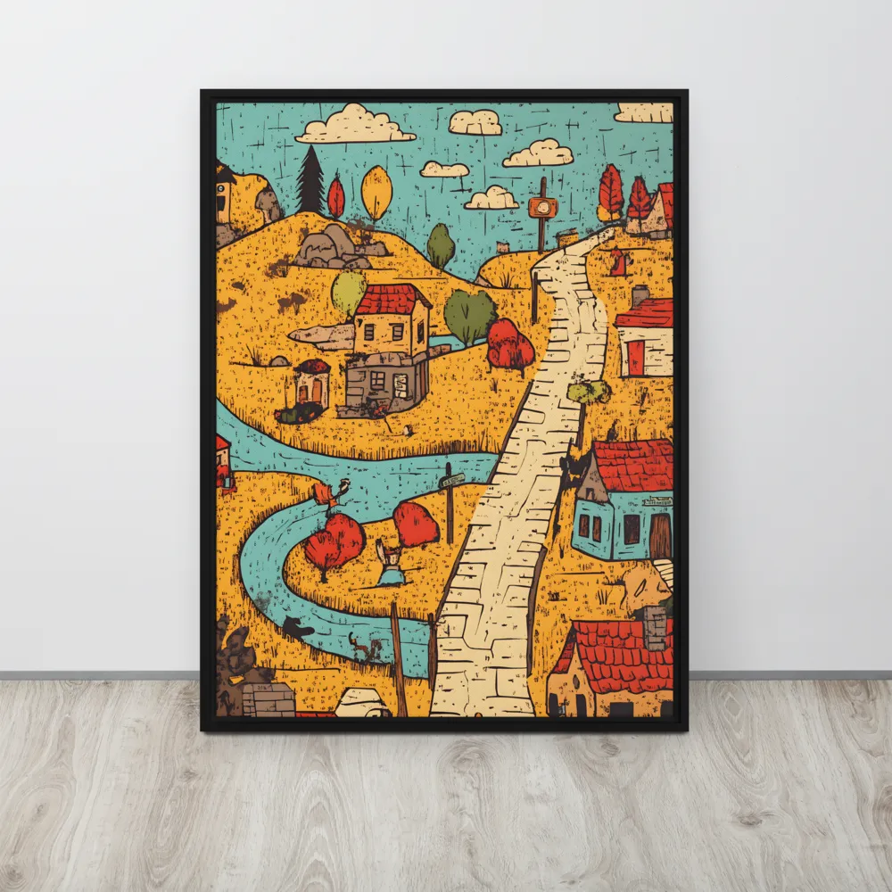Whimsical Village Landscape | Canvas with Black Frame | 24″×32″