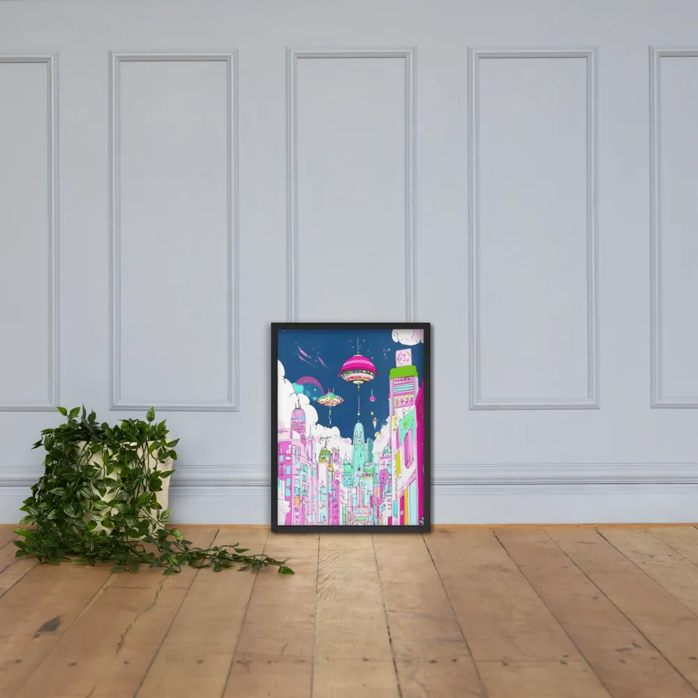 Futuristic Cityscape with Floating Structures | Poster with Black Frame | 18″×24″