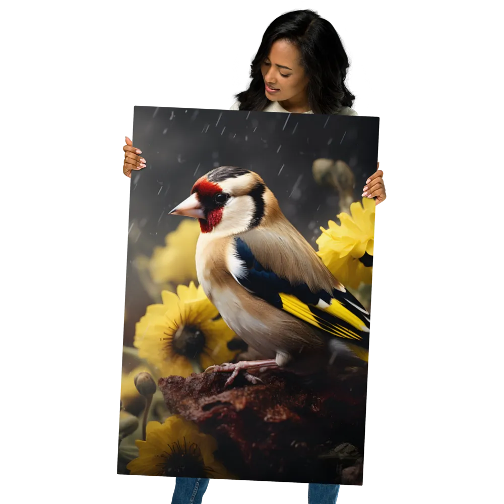 Harmony in Nature: A Goldfinch Amidst Blooms | Metal Print | 24″×36″