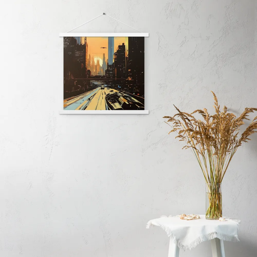 Metro Nexus: A Futuristic Cityscape | Poster With White Wood Hanger | 18″×18″