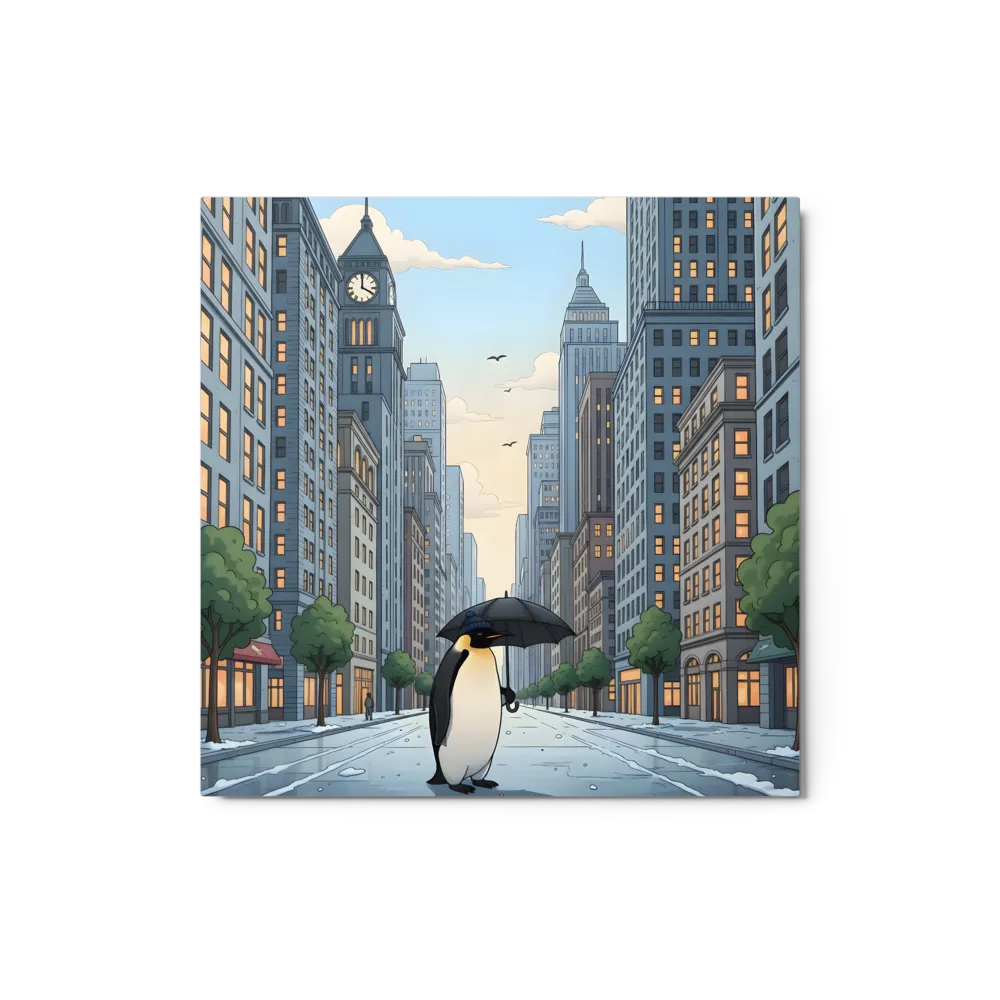Penguin in the City 
 Metal Print | 12″x 12″