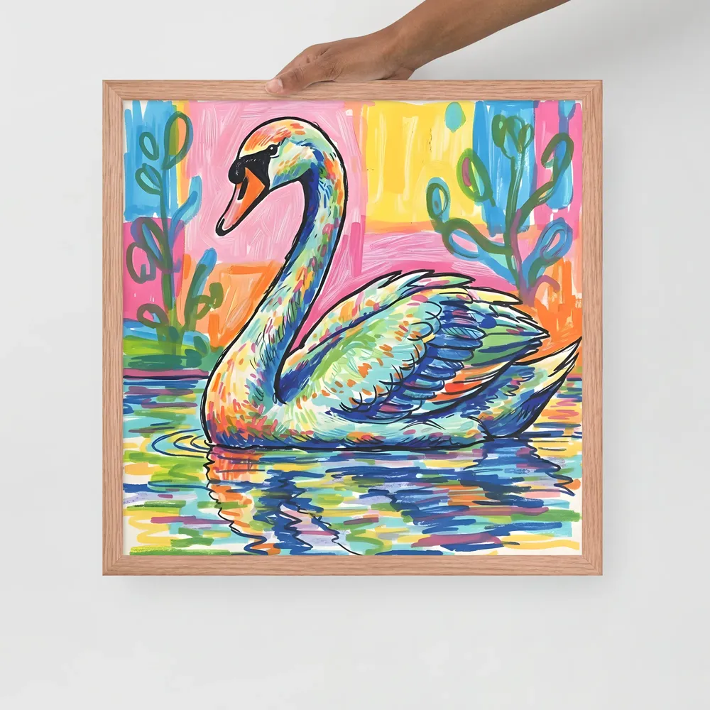 Prismatic Swan 
 Poster with Red oak Frame | 18″x 18″