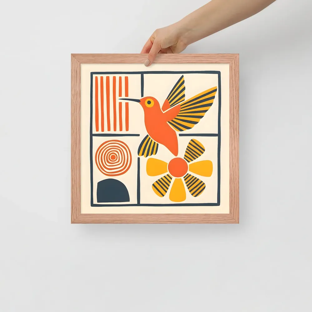 Hummingbird & Flower Panel 
 Poster with Red oak Frame | 14″x 14″