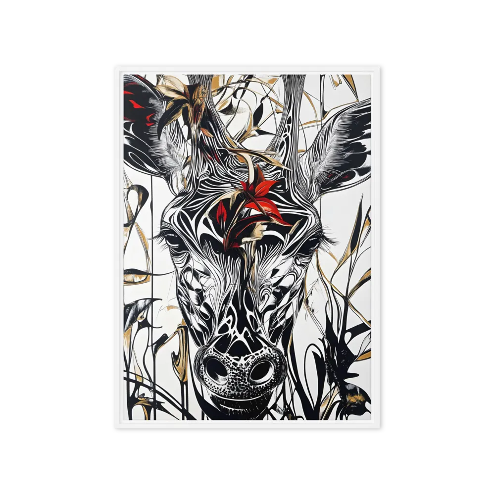Floral Elegance: The Giraffe's Portrait | Canvas with White Frame | 20″×28″