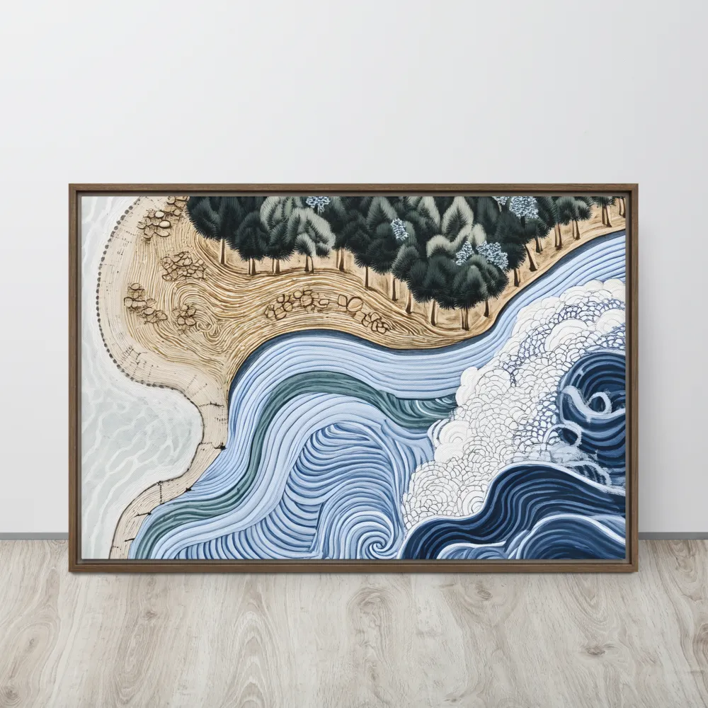 Oceanic Harmony: A Tranquil Landscape | Canvas with Brown Frame | 24″×36″