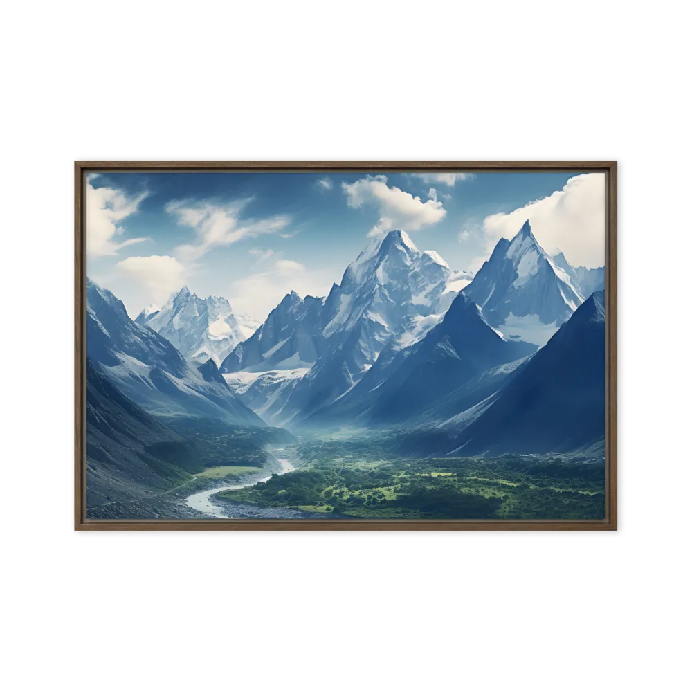 Majestic Serenity: A Landscape of Mountains and Rivers | Canvas with Brown Frame | 20″×30″