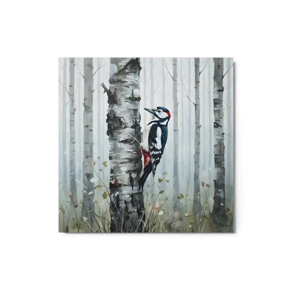 Woodpecker on Birch 
 Metal Print | 12″x 12″