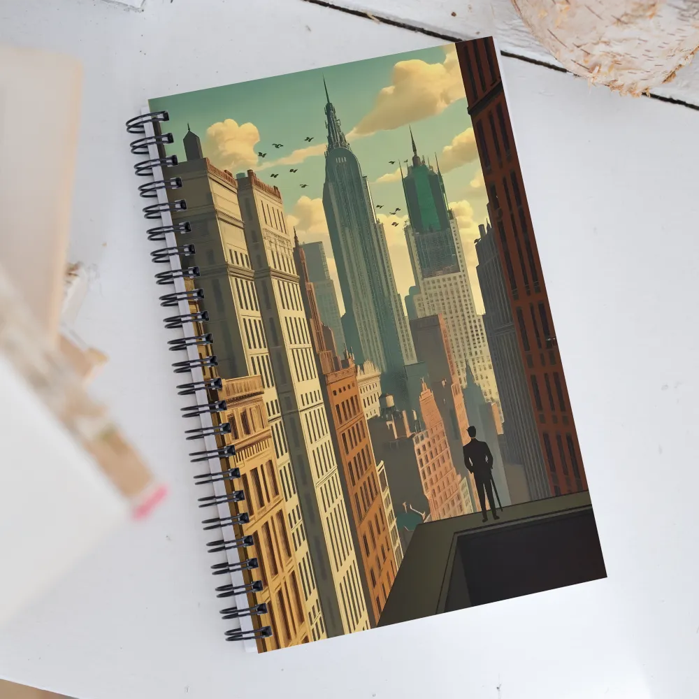 Urban Dreams: A Silhouette in Art Deco Cityscape | Spiral Notebook