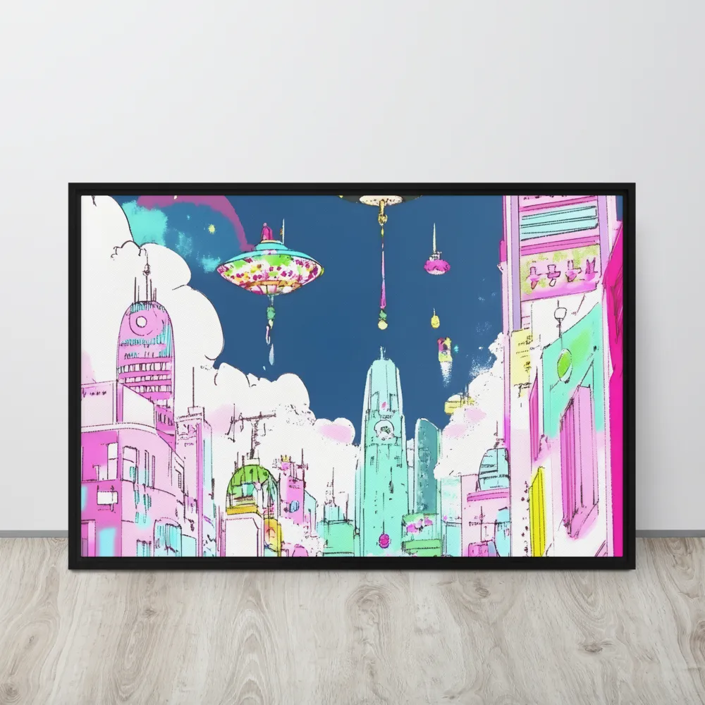 Futuristic Cityscape with Floating Structures | Canvas with Black Frame | 24″×36″