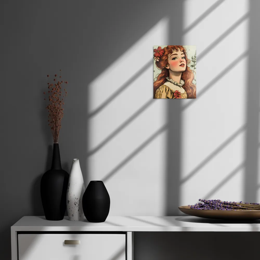 Whimsical Portrait of a Flower-Adorned Girl | Metal Print | 8″×10″