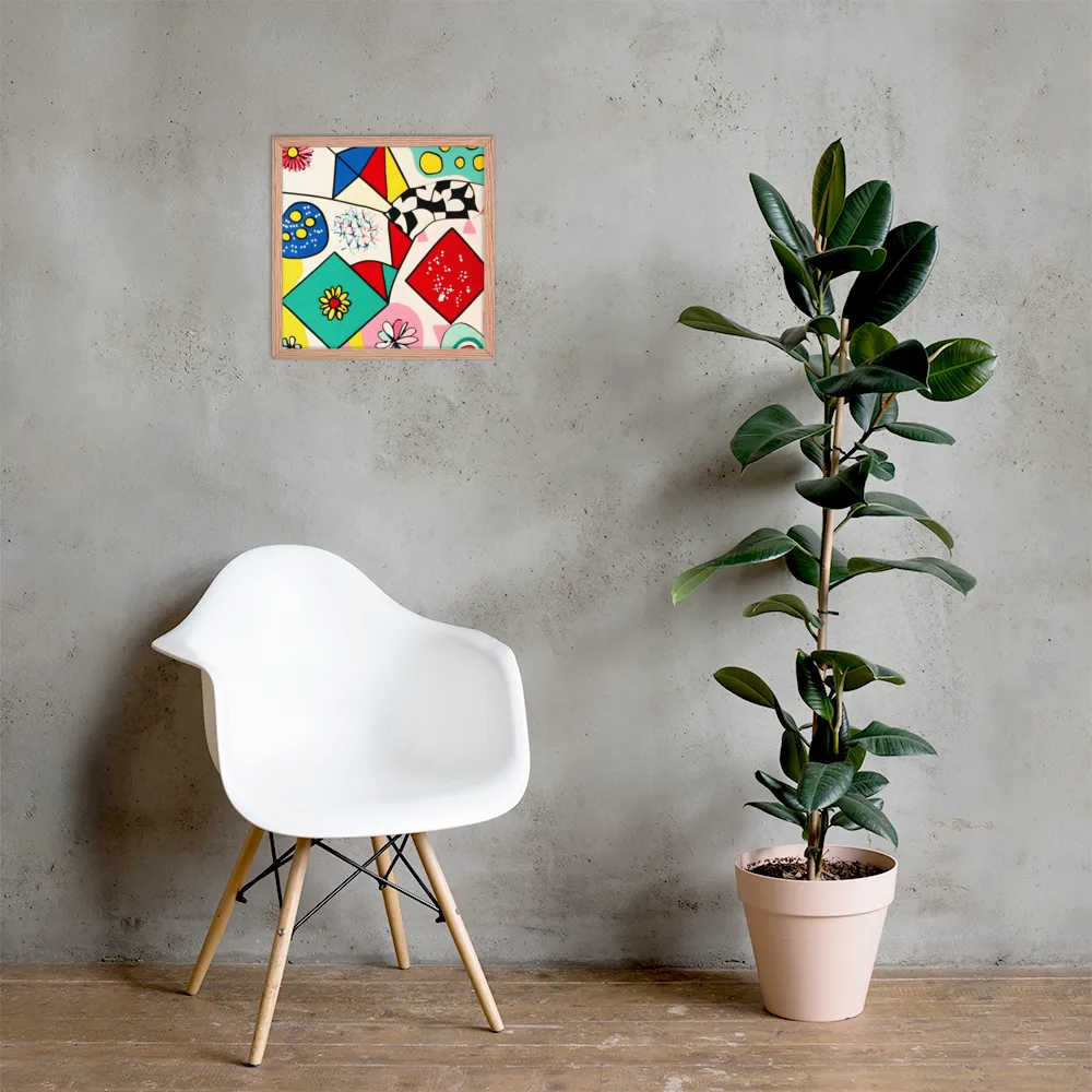 Joyful Geometry: A Playful Dance of Shapes and Colors | Poster with Red oak Frame | 16″×16″
