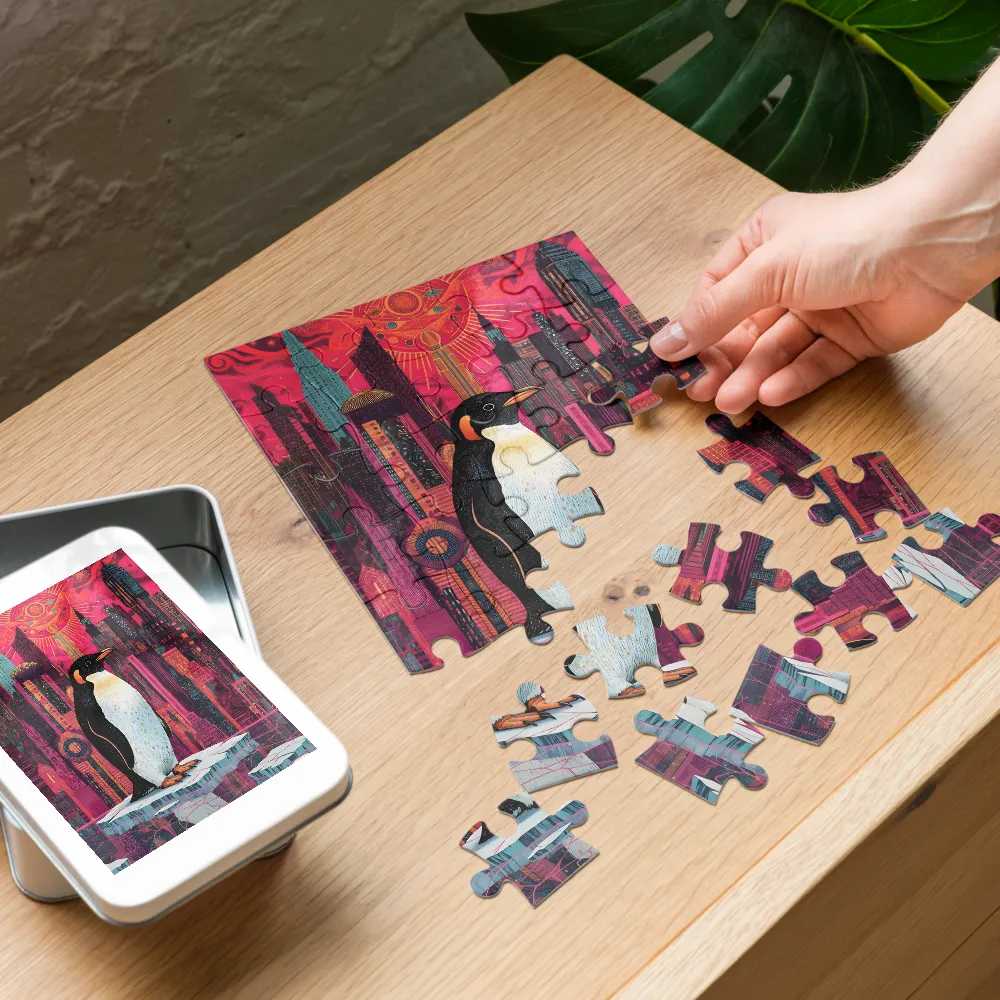 Neon City Penguin 
 Jigsaw Puzzle in Tin Box
