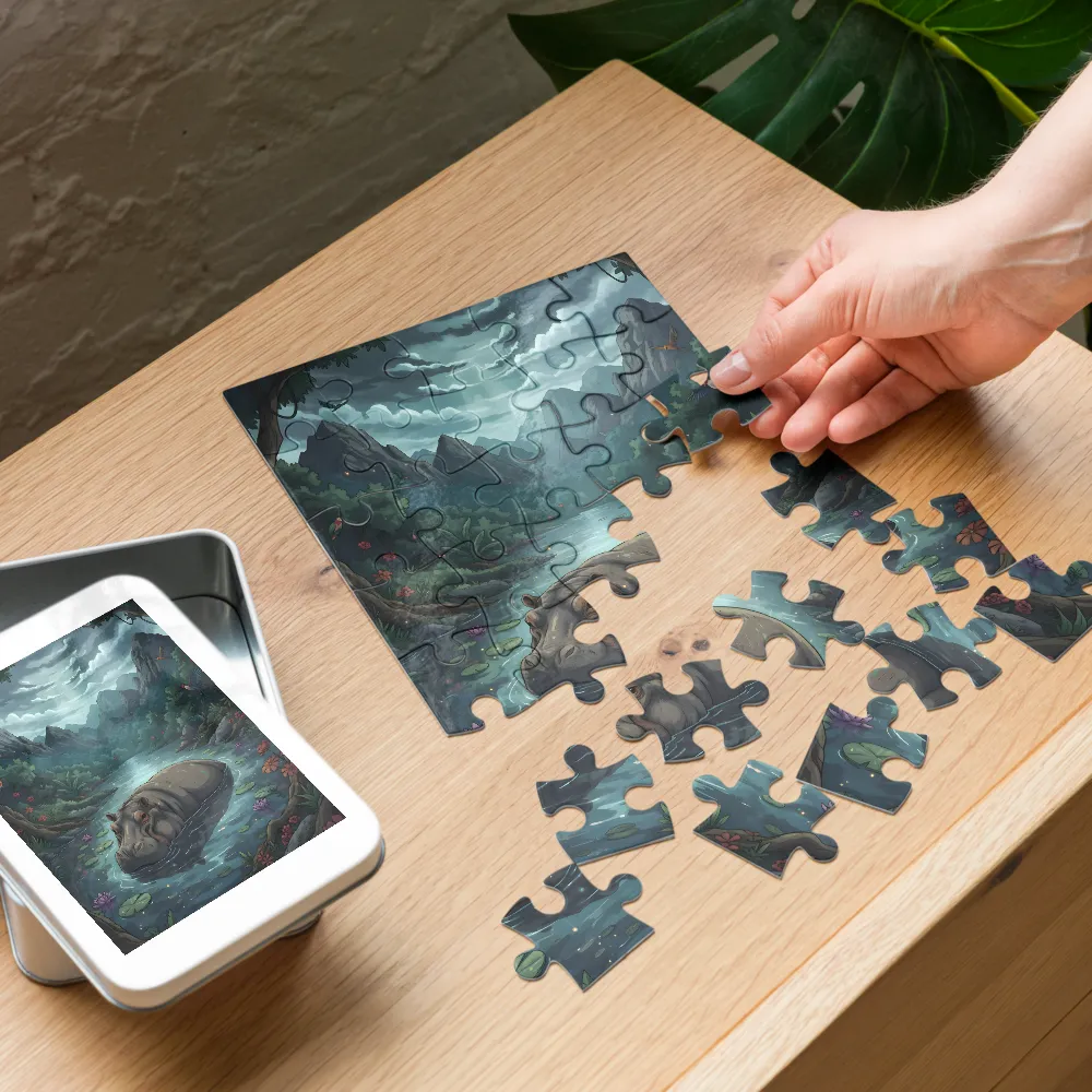 Moonlit Hippo 
 Jigsaw Puzzle in Tin Box