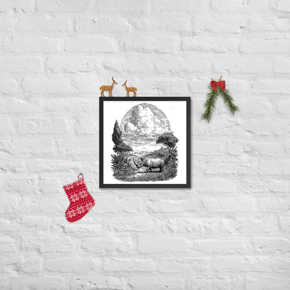 Rhinoceros Engraving 
 Poster with Black Frame | 16″x 16″