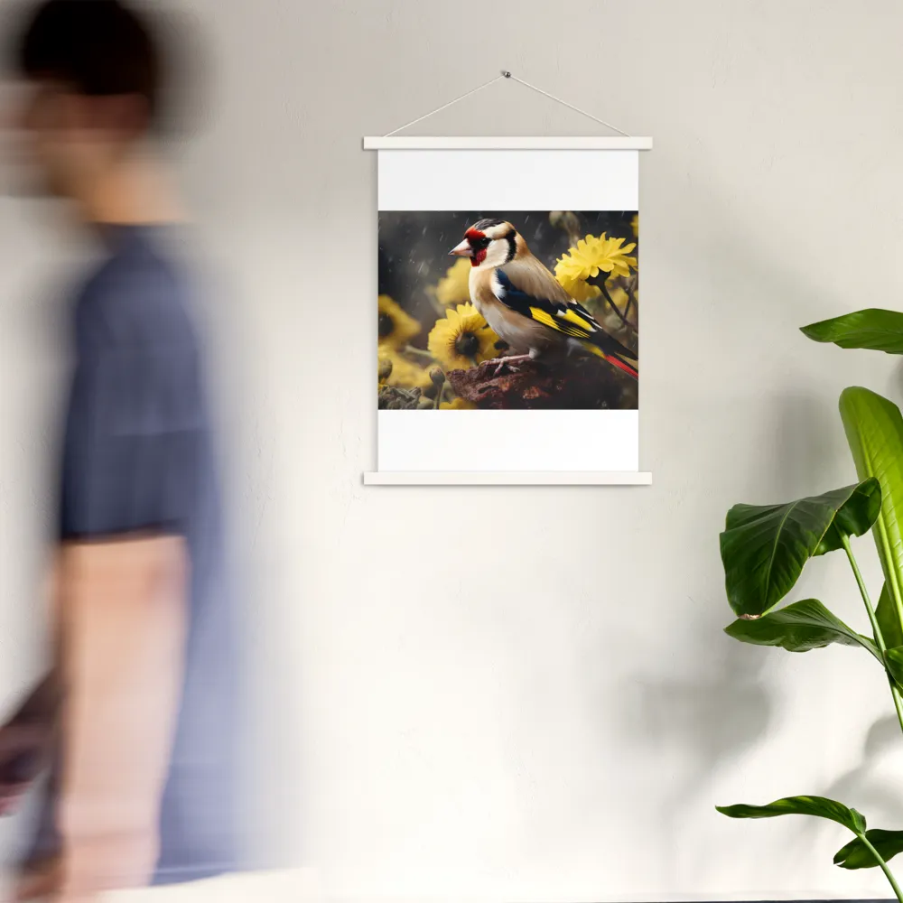 Harmony in Nature: A Goldfinch Amidst Blooms | Poster With White Wood Hanger | 18″×24″