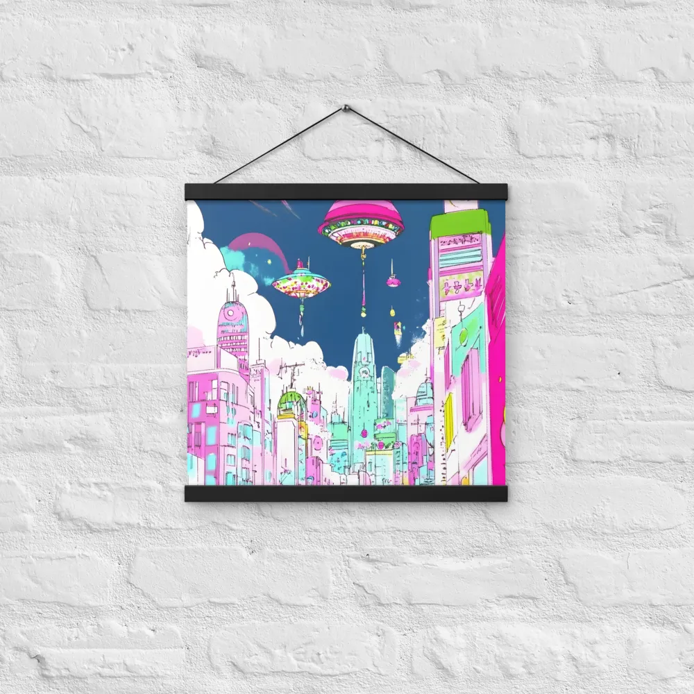 Futuristic Cityscape with Floating Structures | Poster With Black Wood Hanger | 16″×16″
