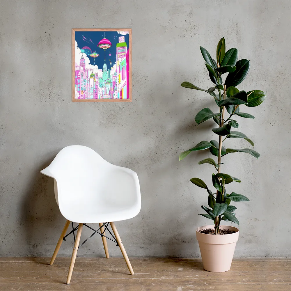Futuristic Cityscape with Floating Structures | Poster with Red oak Frame | 16″×20″