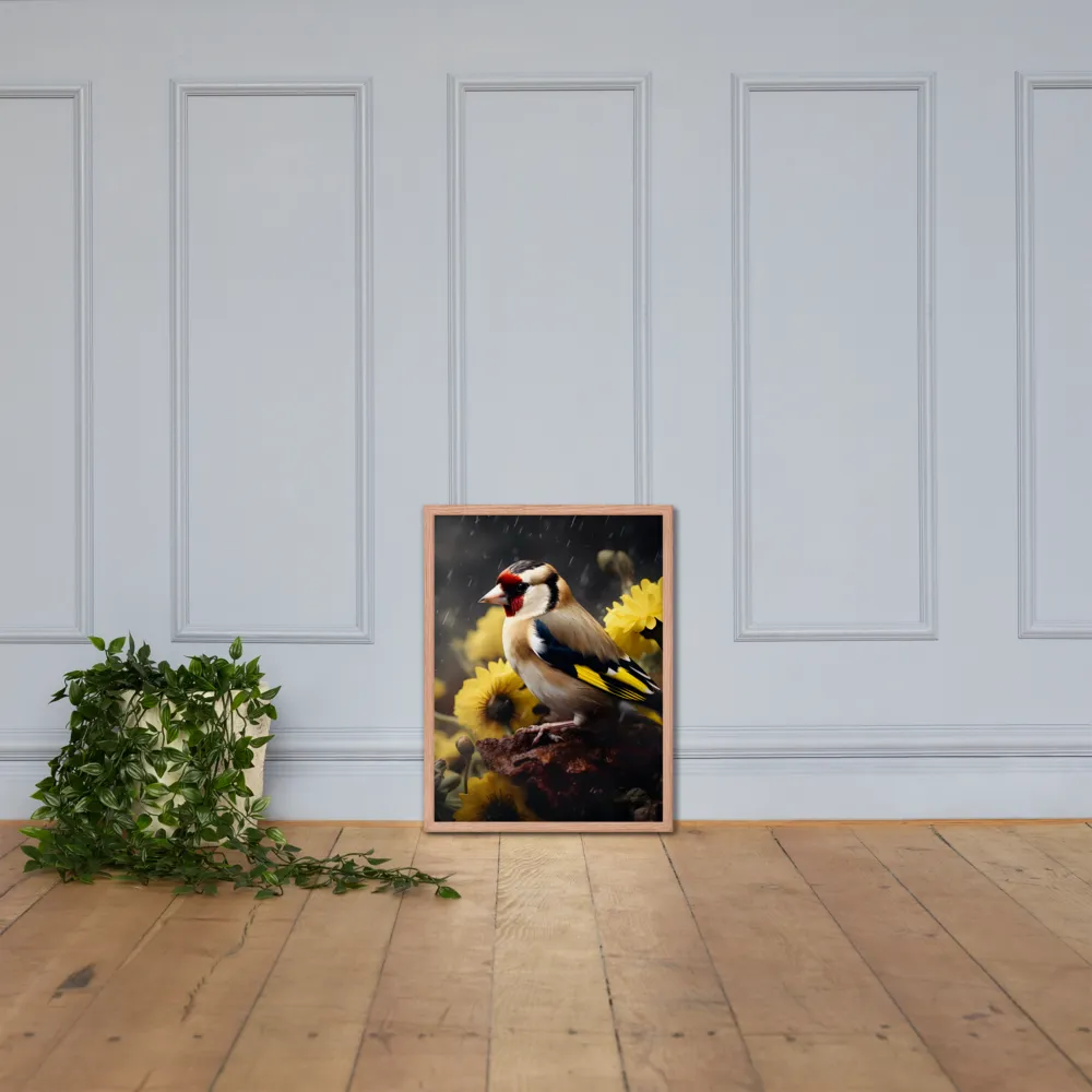 Harmony in Nature: A Goldfinch Amidst Blooms | Poster with Red oak Frame | 18″×24″