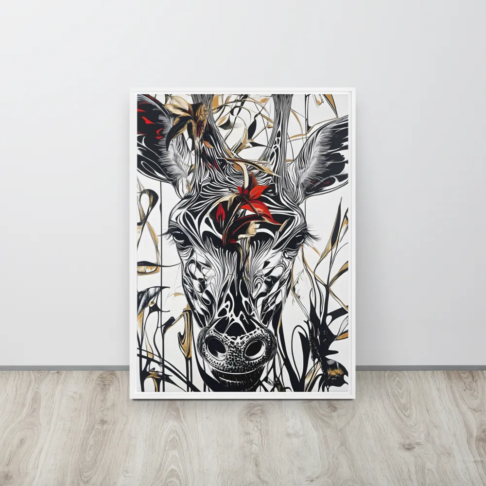 Floral Elegance: The Giraffe's Portrait | Canvas with White Frame | 20″×28″