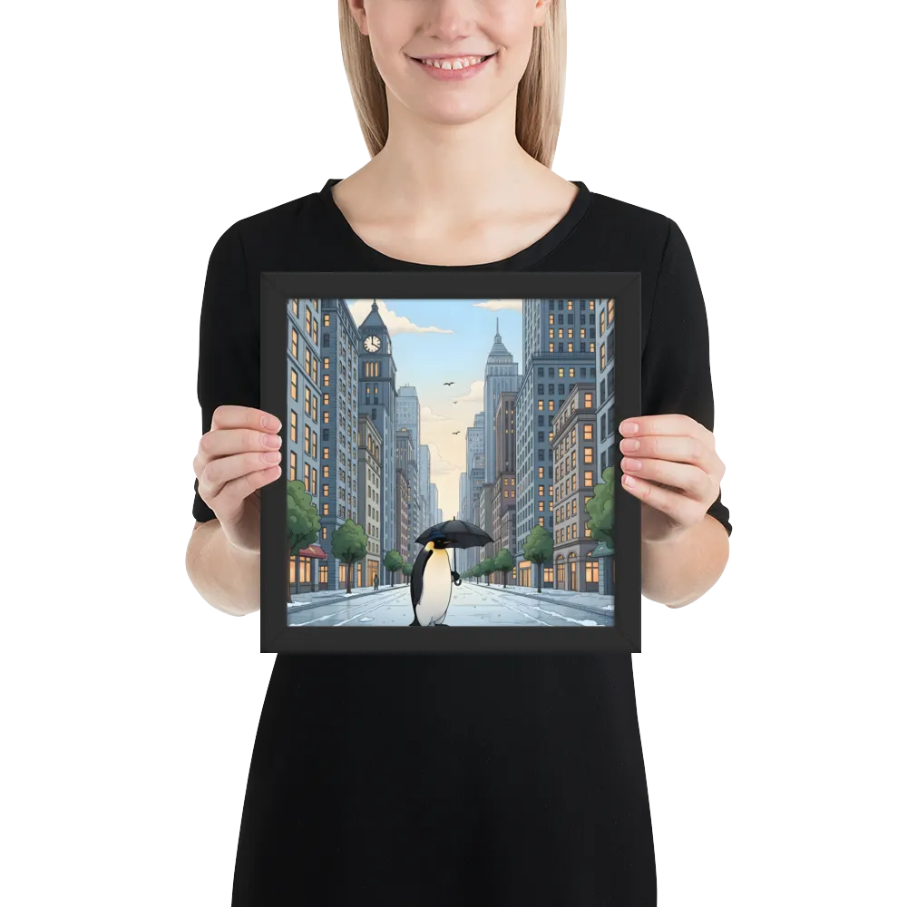 Penguin in the City 
 Poster with Black Frame | 10″x 10″