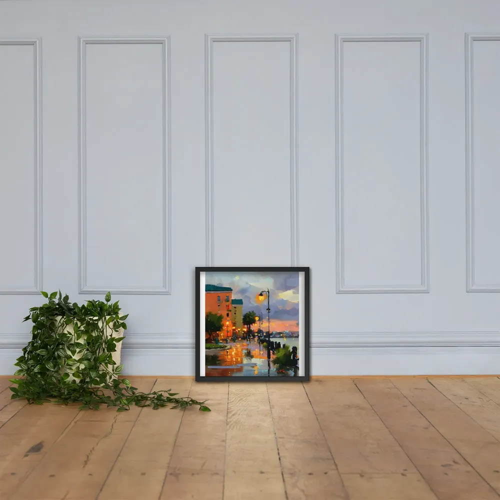 Harbor Promenade at Dusk 
 Poster with Black Frame | 18″x 18″