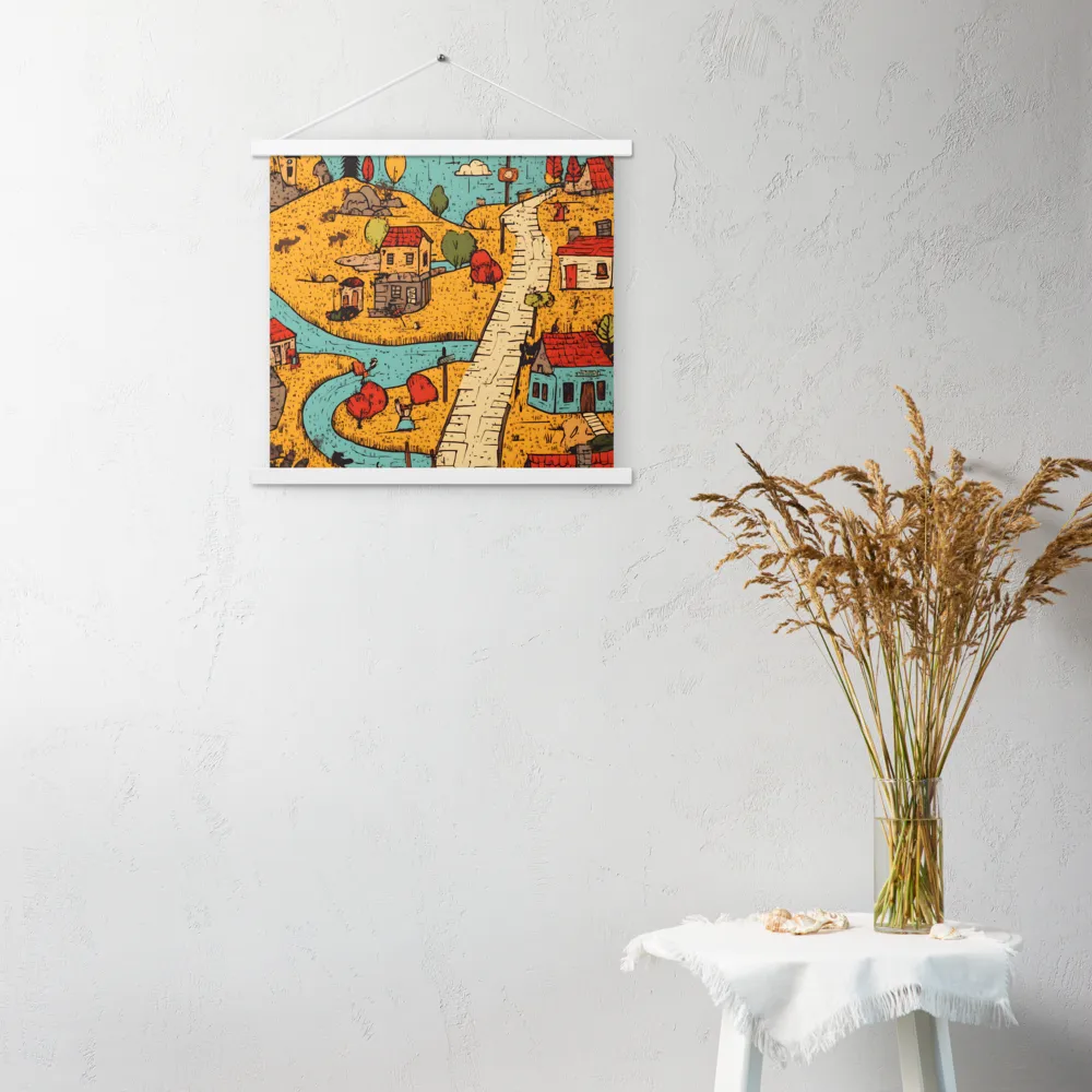 Whimsical Village Landscape | Poster With White Wood Hanger | 18″×18″