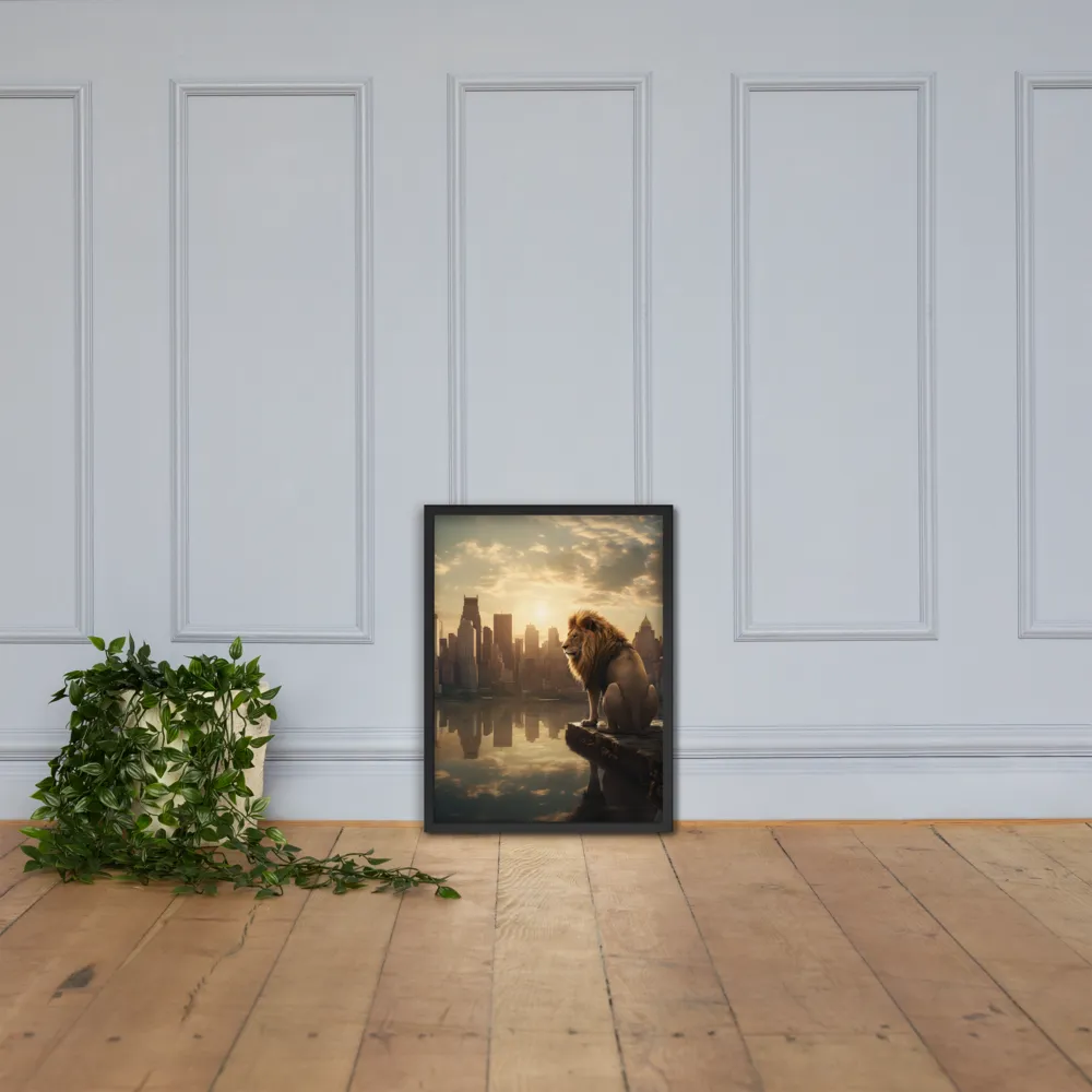 The Lion's Gaze Over the Urban Symphony | Poster with Black Frame | 18″×24″