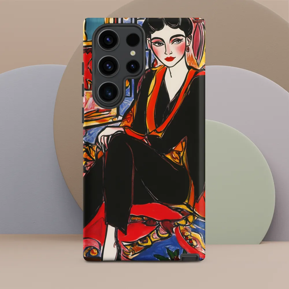 Ornamented Silence — Seated Portrait in Black and Red