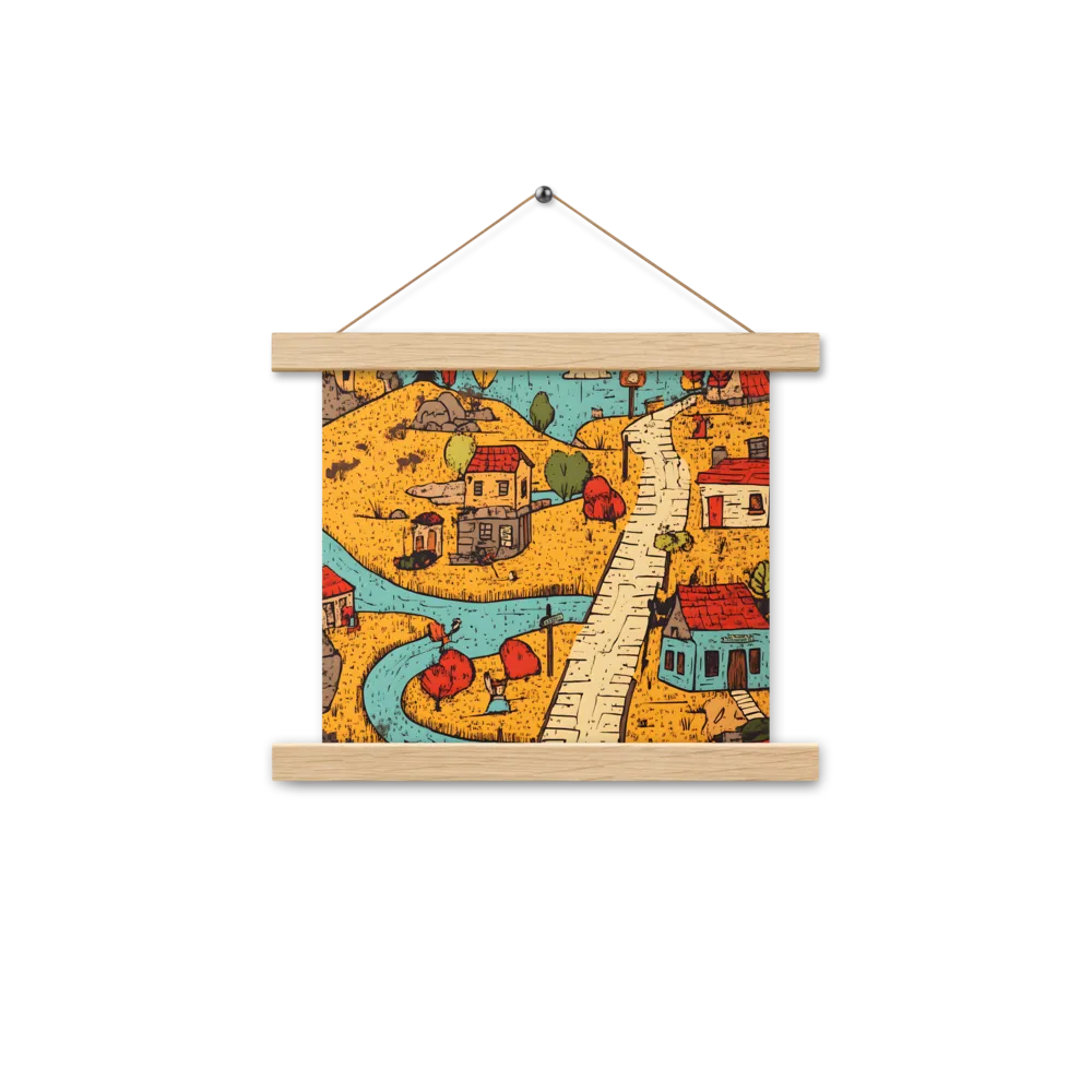 Whimsical Village Landscape | Poster With Oak Wood Hanger | 10″×10″