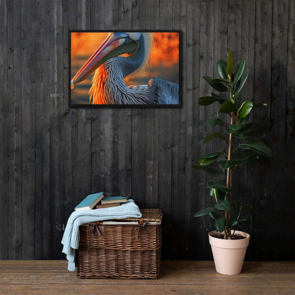 Elegance of the Pelican at Sunset | Canvas with Black Frame | 20″×30″