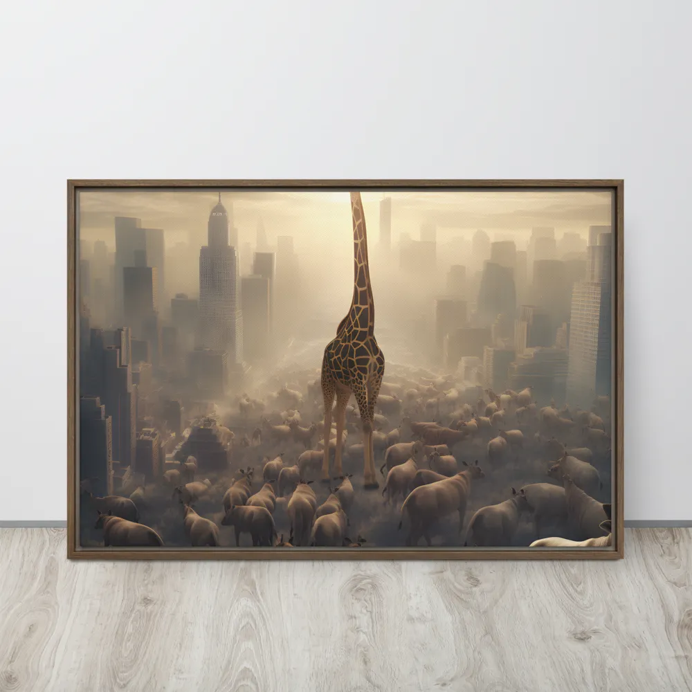 Urban Serengeti: A Giraffe's Perspective | Canvas with Brown Frame | 24″×36″