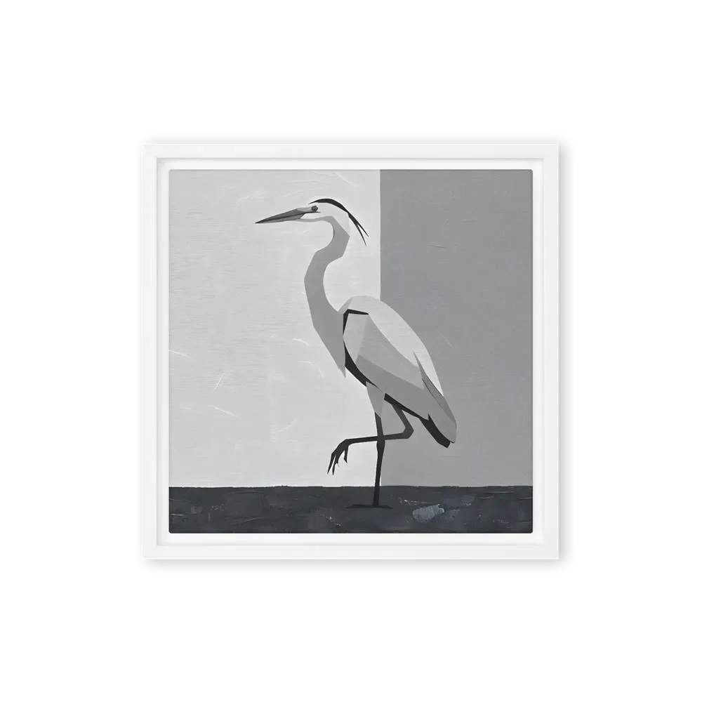 Grayscale Heron 
 Canvas with White Frame