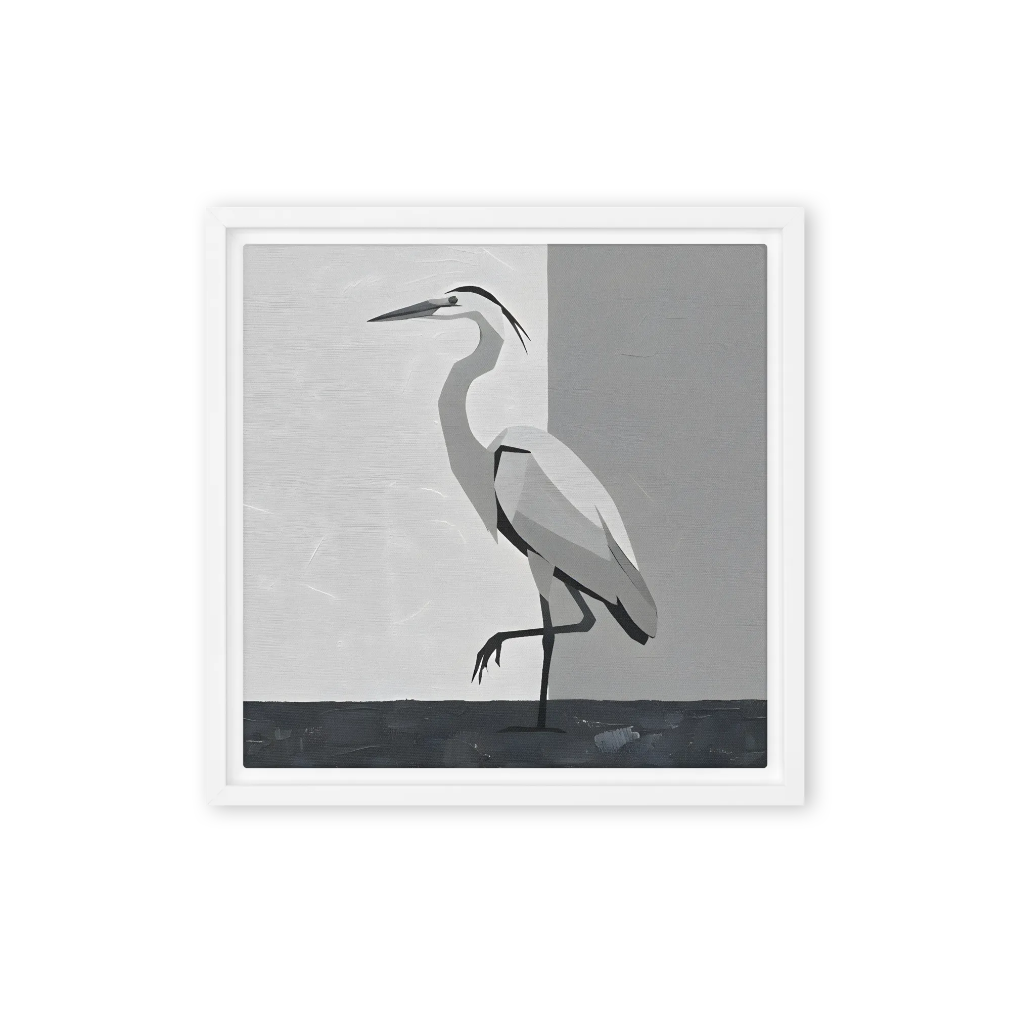 Grayscale Heron 
 Canvas with White Frame