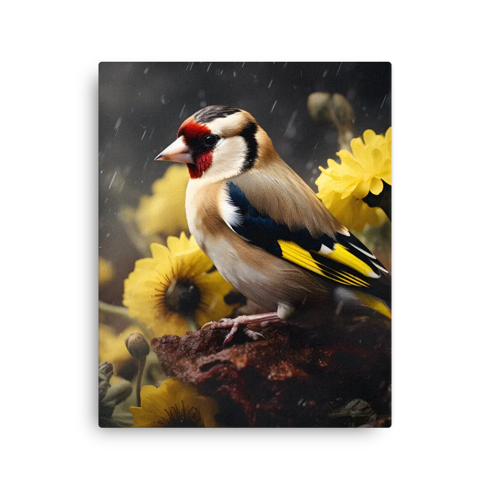 Harmony in Nature: A Goldfinch Amidst Blooms | Thin Canvas | 16″×20″