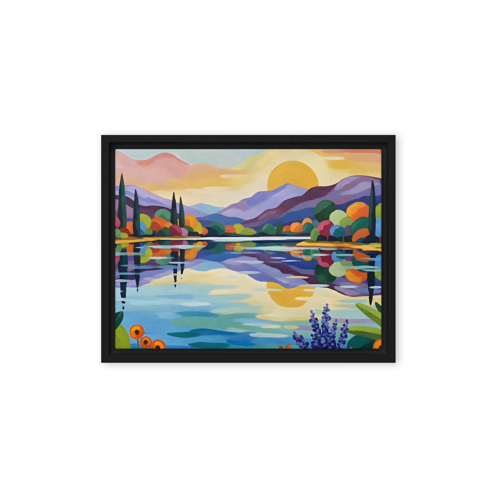 Vibrant Lakeside Serenity 
 Canvas with Black Frame