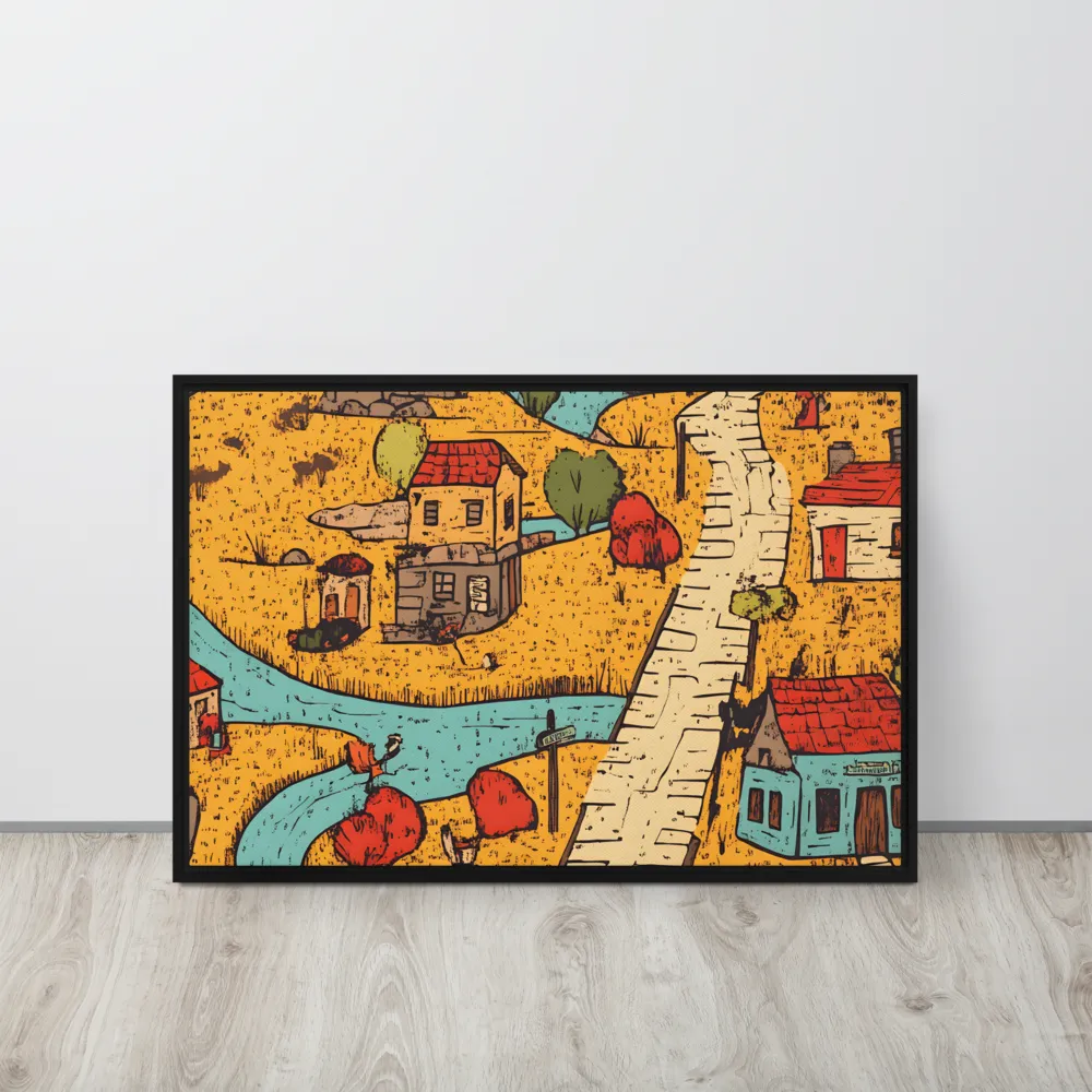 Whimsical Village Landscape | Canvas with Black Frame | 20″×30″