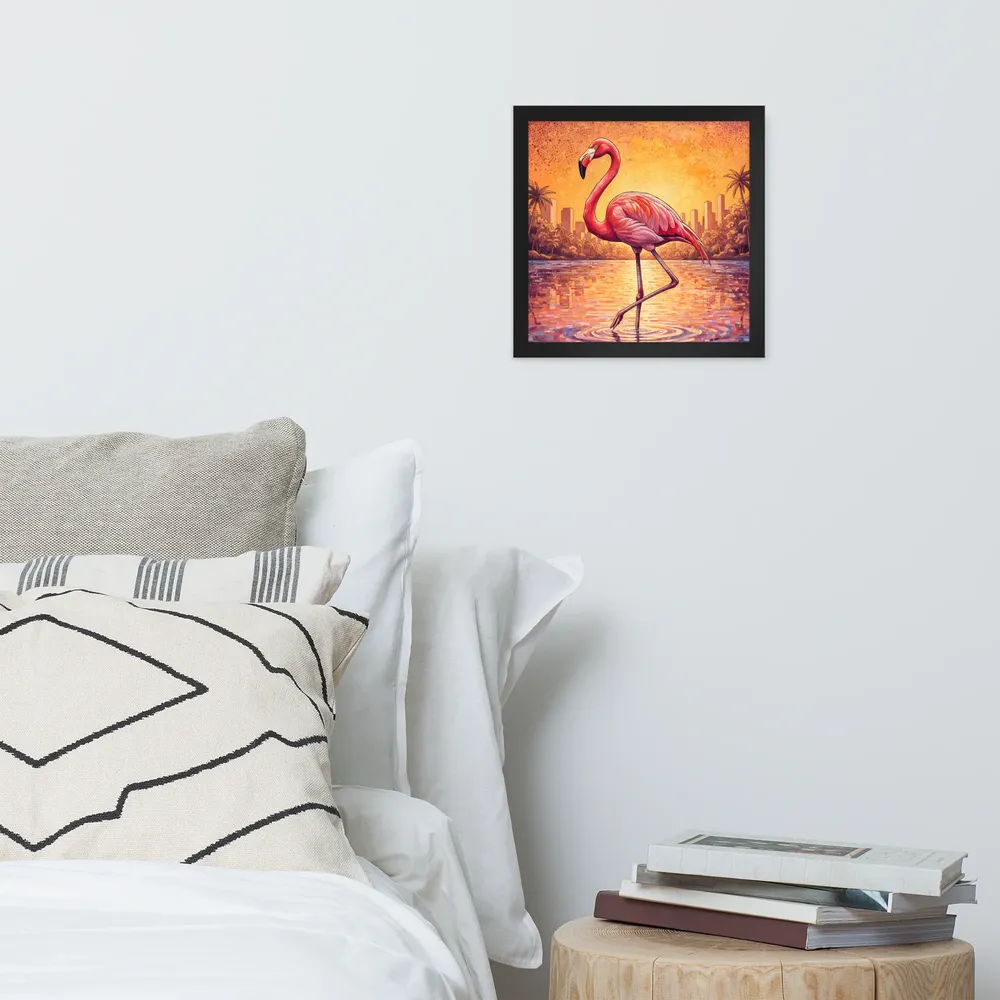 Sunset Mosaic Flamingo 
 Poster with Black Frame | 12″x 12″