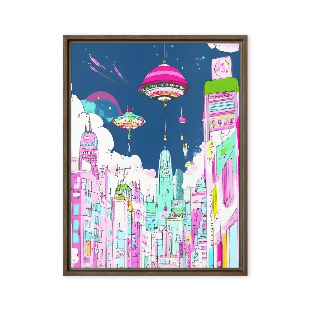 Futuristic Cityscape with Floating Structures | Canvas with Brown Frame | 24″×32″