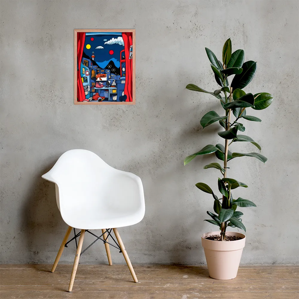 Whimsical Cityscape at Night | Poster with Red oak Frame | 16″×20″