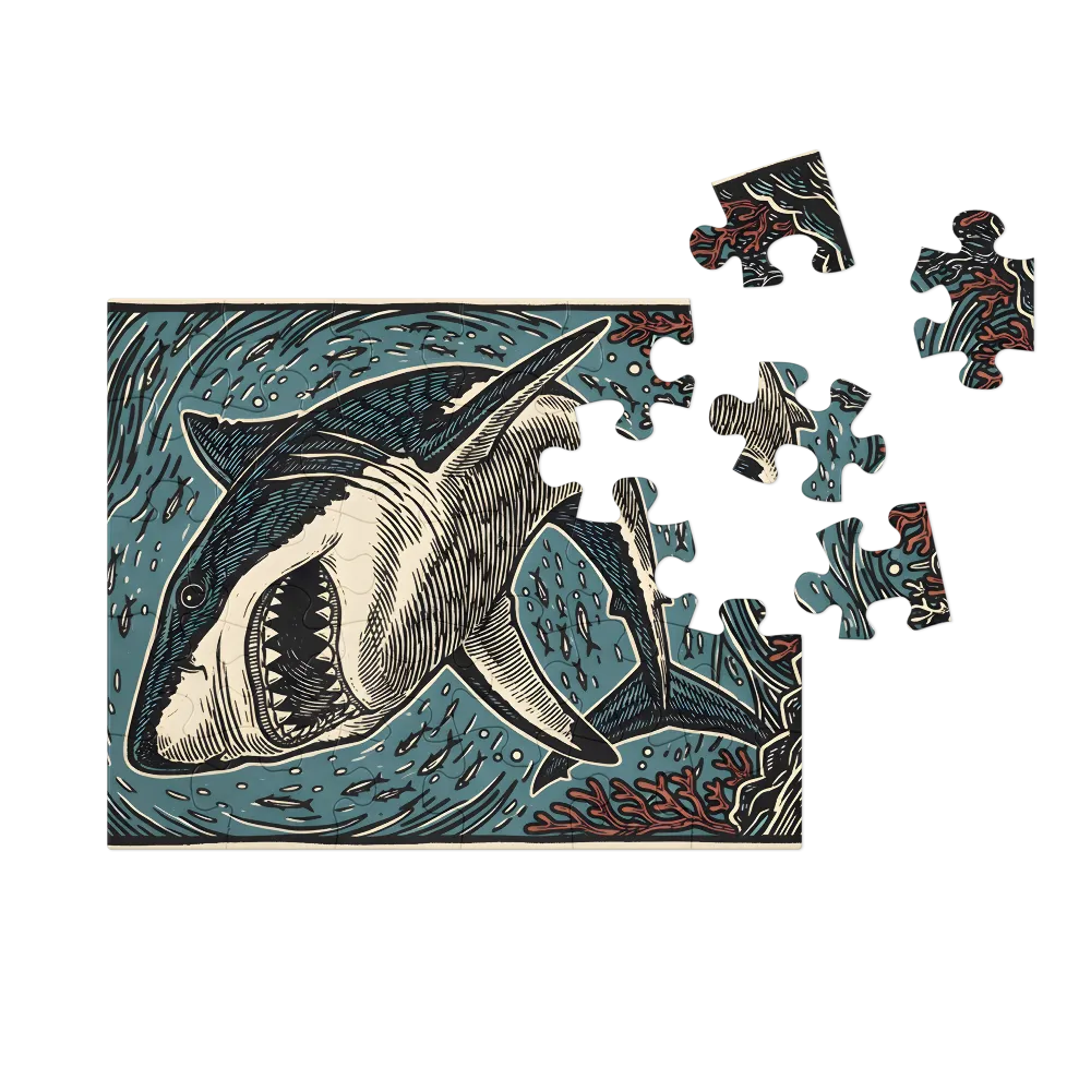 Great White Linocut 
 Jigsaw Puzzle in Tin Box