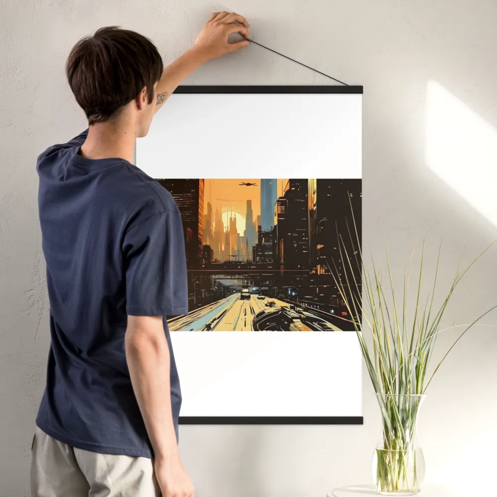 Metro Nexus: A Futuristic Cityscape | Poster With Black Wood Hanger | 24″×36″