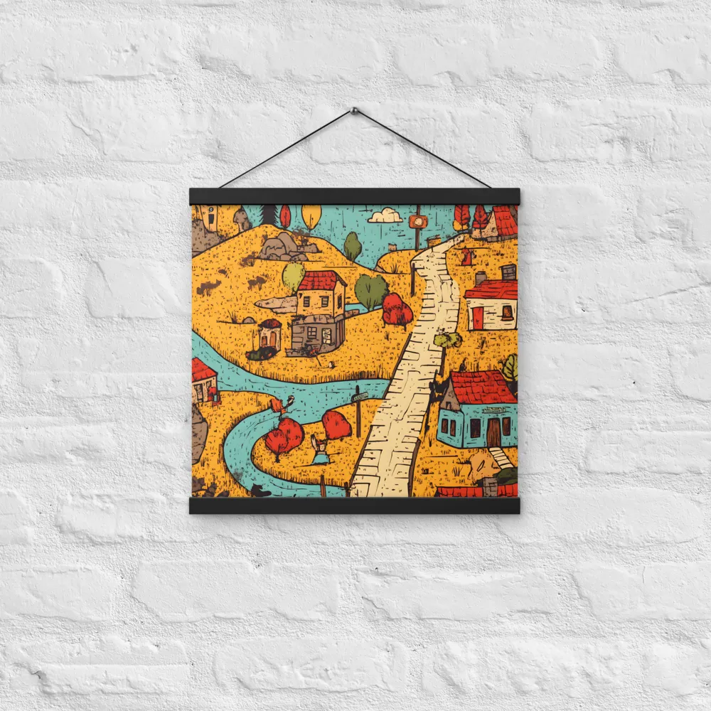 Whimsical Village Landscape | Poster With Black Wood Hanger | 16″×16″