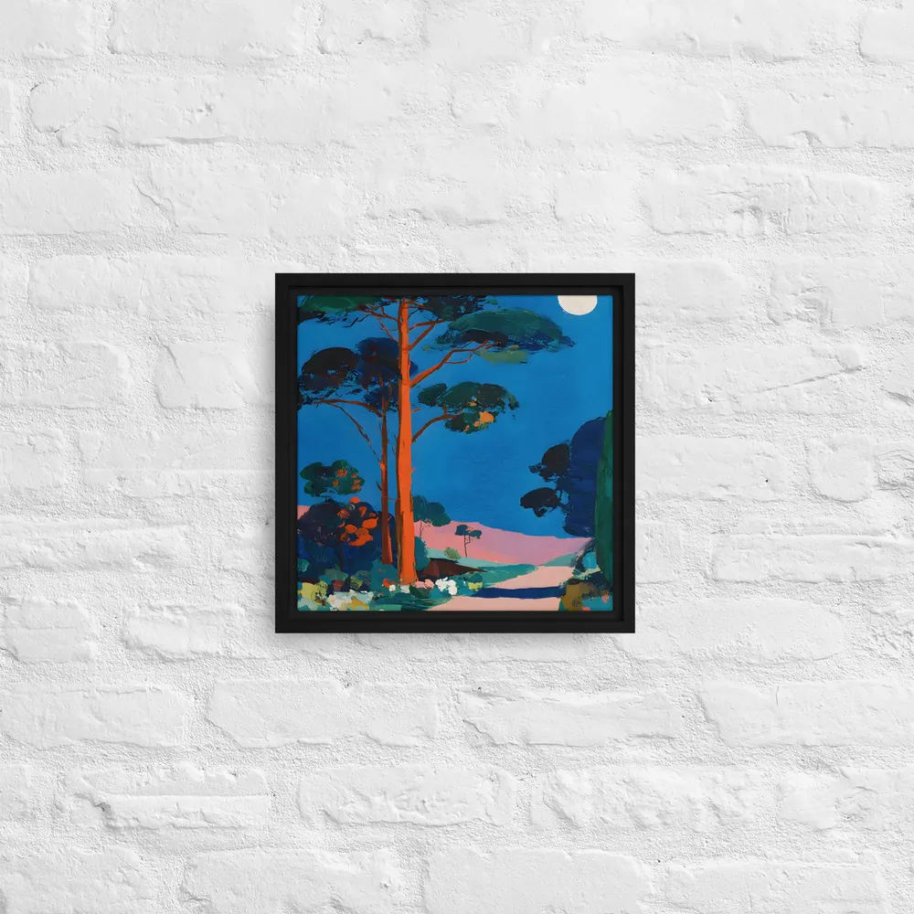 Moonlit Pine Path 
 Canvas with Black Frame | 12″x 12″
