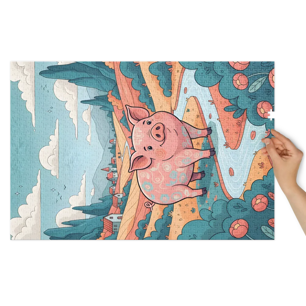 Whimsical Floral Pig 
 Jigsaw Puzzle in Tin Box