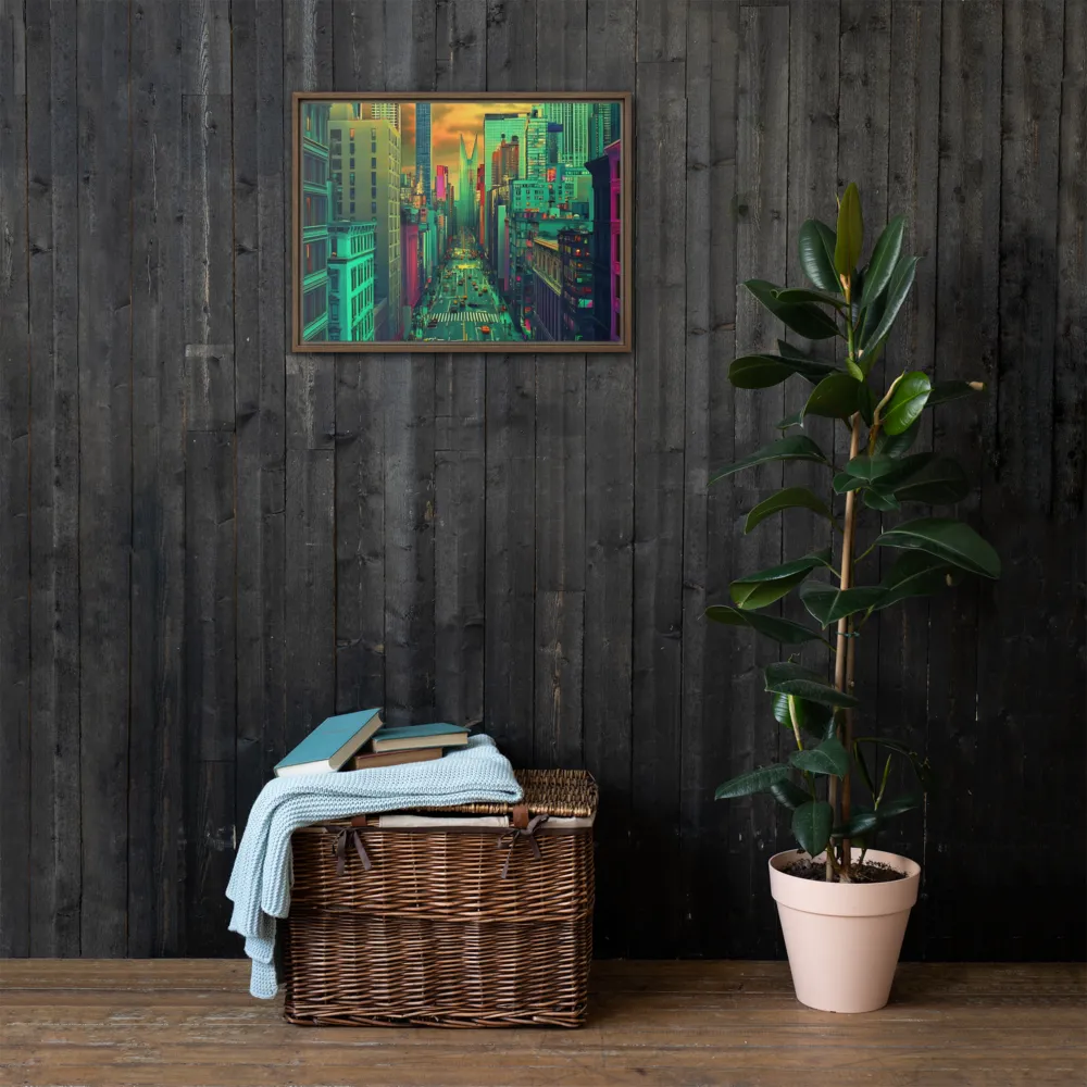 Urban Surrealism: Neon Dreams | Canvas with Brown Frame | 18″×24″