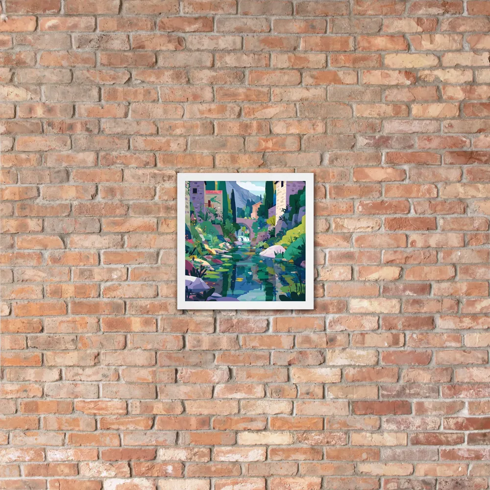 Mountain Village Stream 
 Poster with White Frame | 14″x 14″